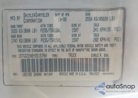 2000 Dodge Dakota Slt/Sport from USA, damaged, VIN 1B7GG22N8YS515780